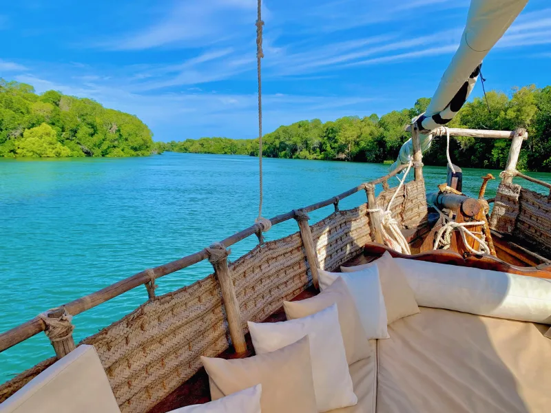 The cushioned foredeck of the Pepo Huru looking out over the mangrove channels of Mida Creek